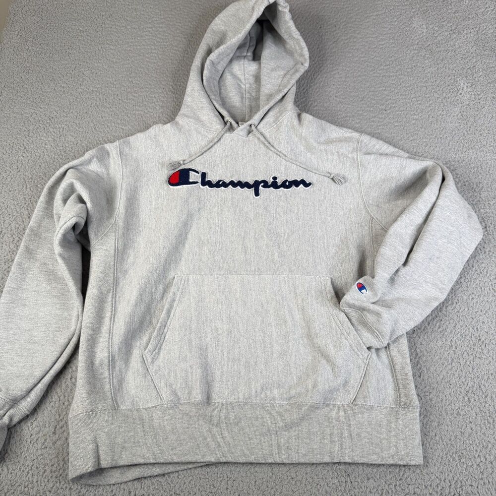 CHAMPION  Hoodie Mens Large Gray Puff Script Reverse Weave Pullover Heavyweight